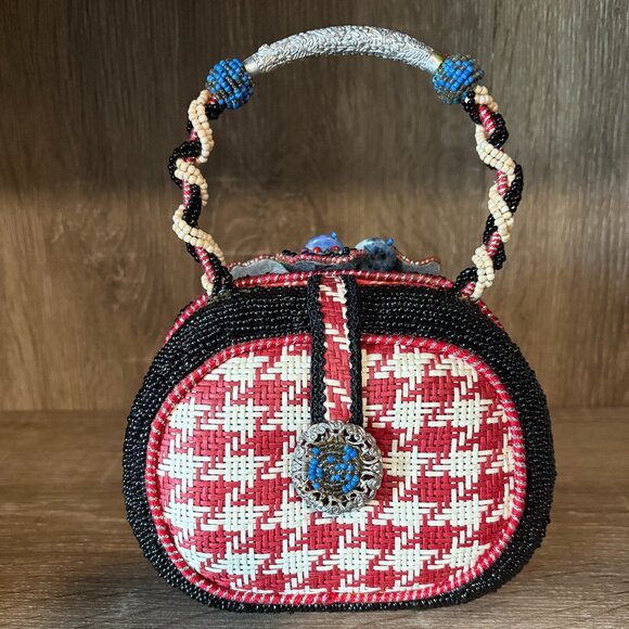 MARY FRANCES Red Check Floral Beaded Handbag NWOT - Picture 2 of 6